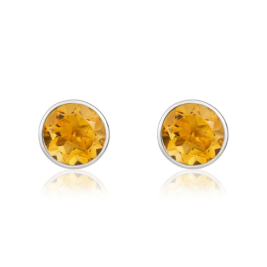 9ct White Gold Round Natural Citrine Rubover Stud Earrings — 5mm