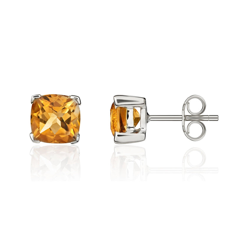 9ct White Gold Cushion Natural Citrine Claw Stud Earrings — 6mm