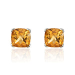 9ct White Gold Cushion Natural Citrine Claw Stud Earrings — 6mm