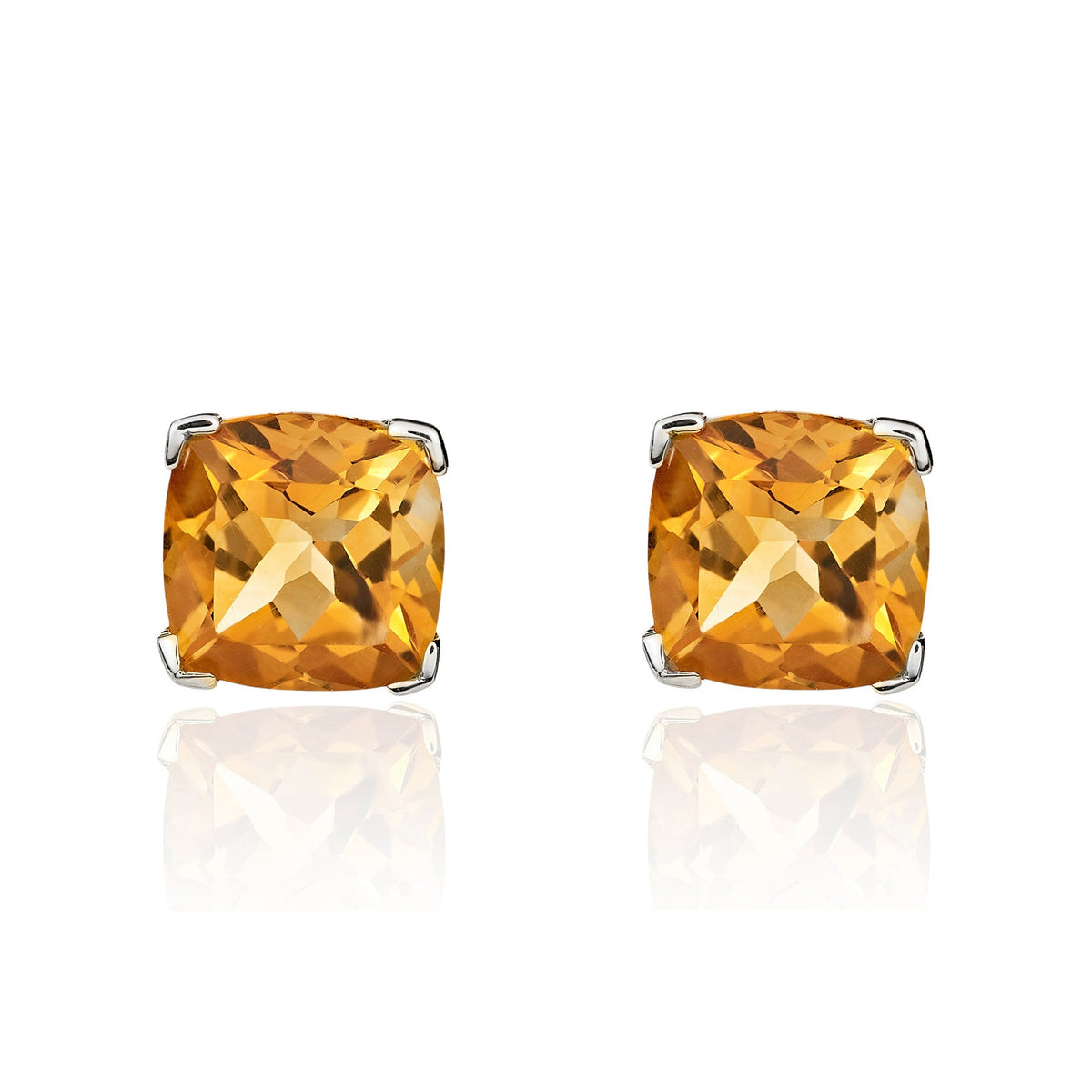 9ct White Gold Cushion Natural Citrine Claw Stud Earrings — 6mm