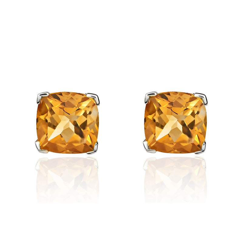 9ct White Gold Cushion Natural Citrine Claw Stud Earrings — 6mm
