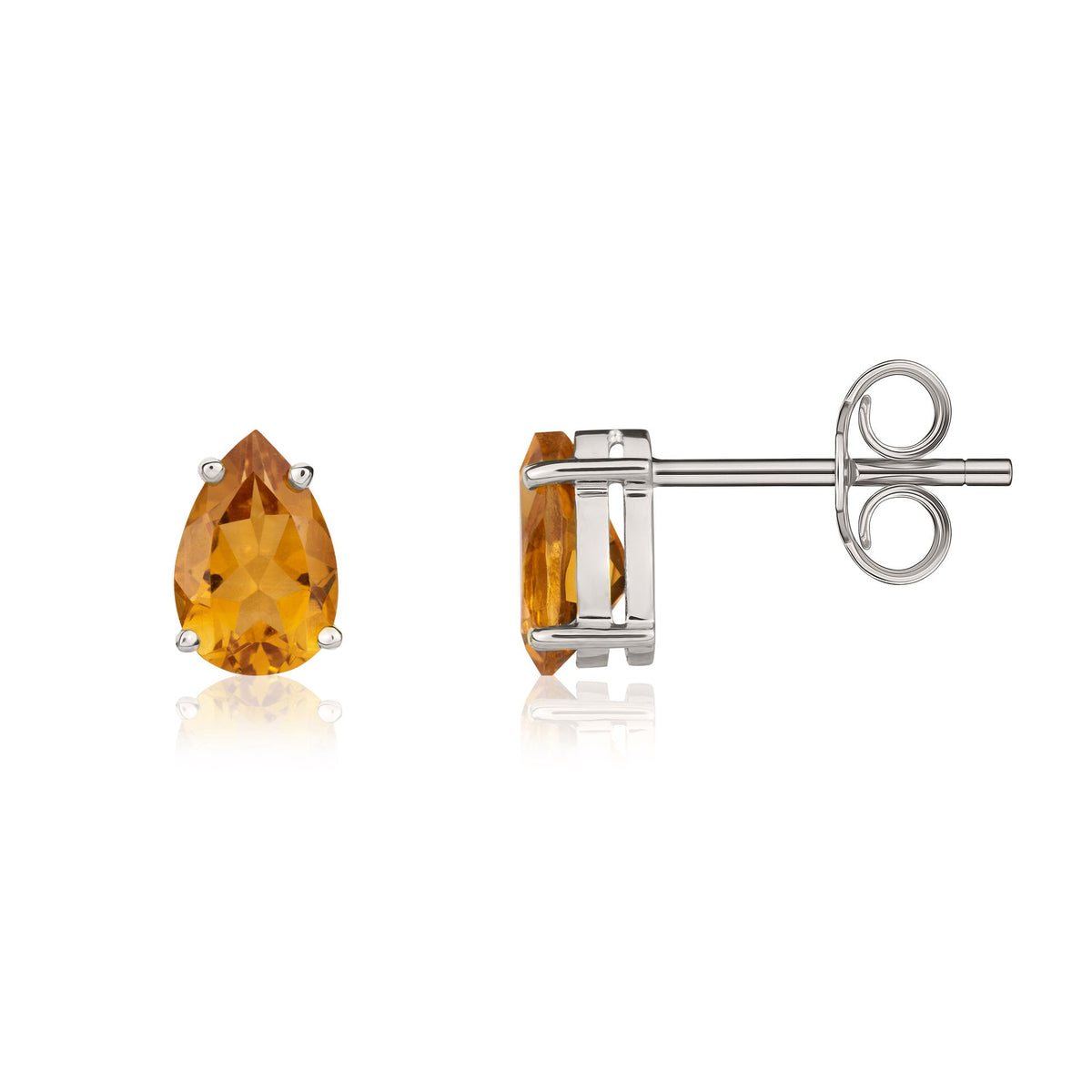 9ct White Gold Pear Shaped Natural Citrine Claw Stud Earrings — 9x6mm
