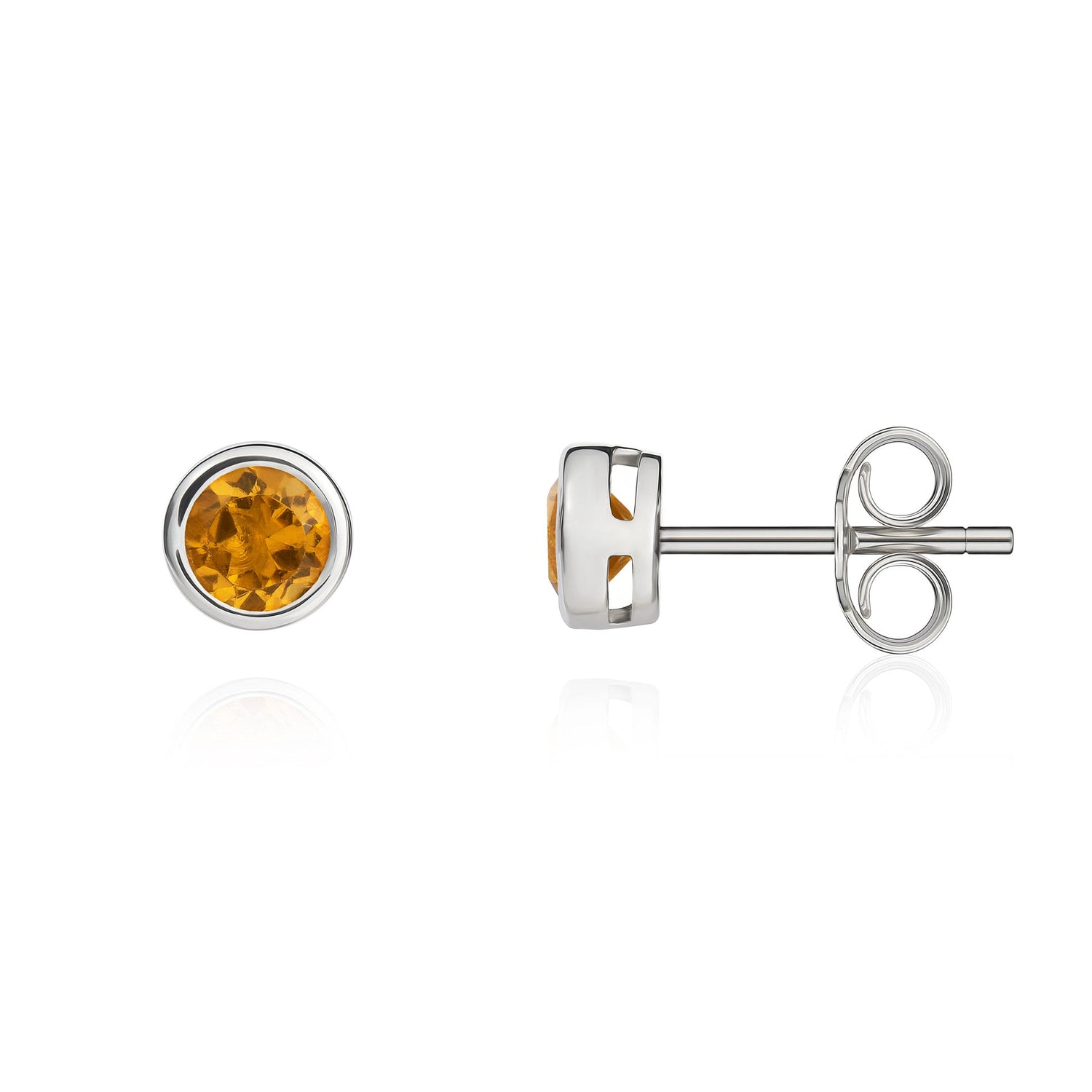 9ct White Gold Round Natural Citrine Rubover Stud Earrings 4mm