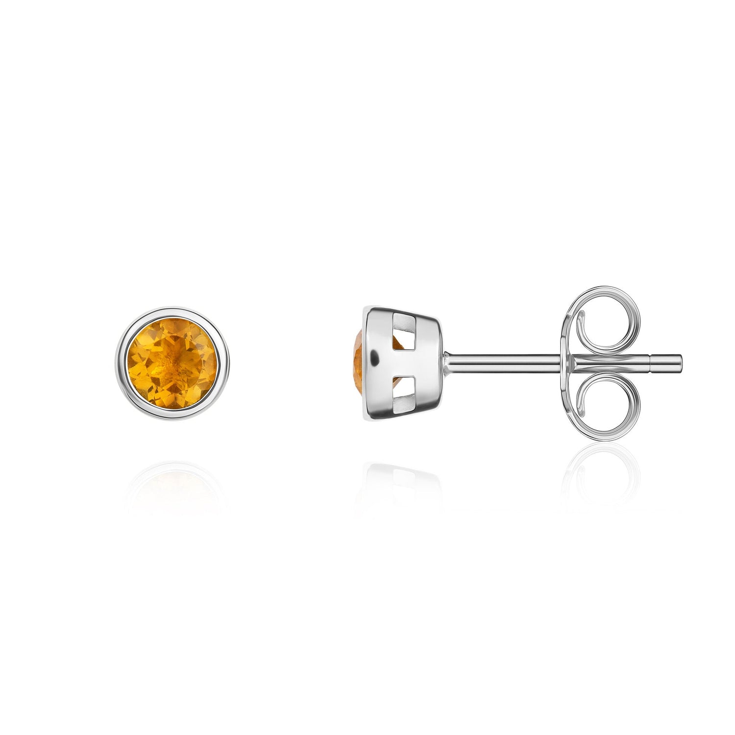 9ct White Gold Round Natural Citrine Rubover Stud Earrings — 3mm