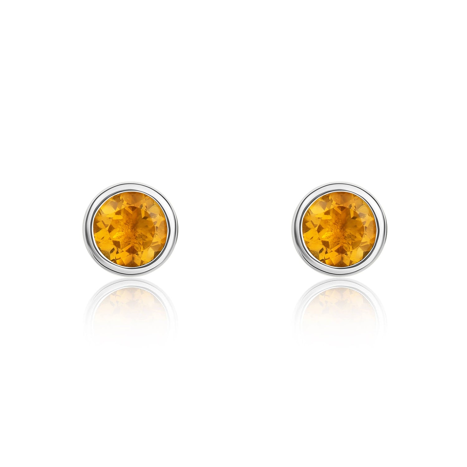 9ct White Gold Round Natural Citrine Rubover Stud Earrings — 3mm