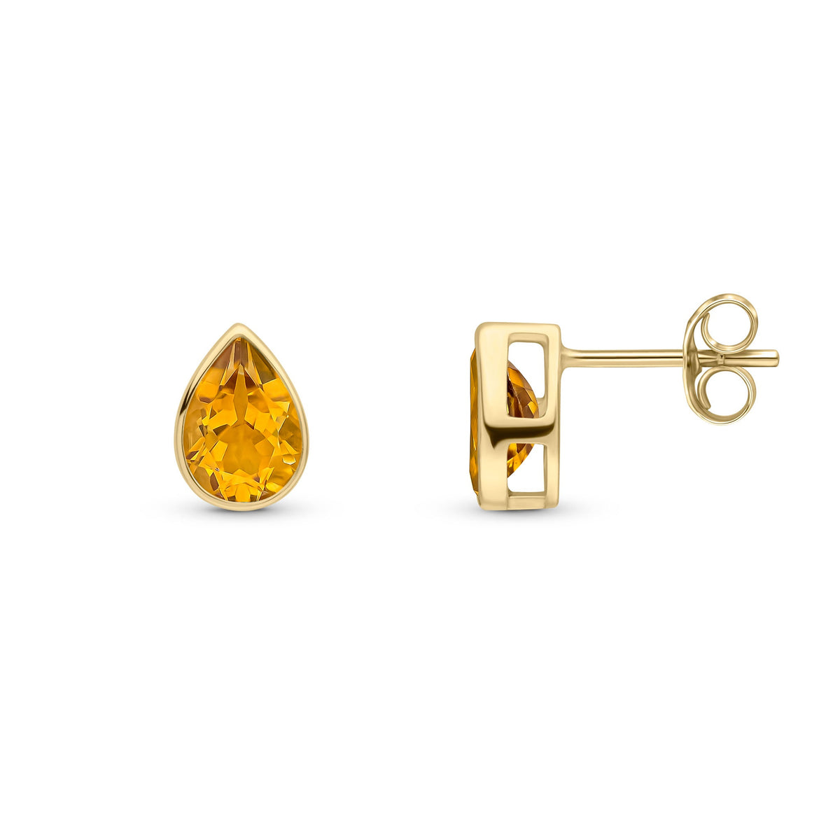 9ct Yellow Gold Pear Shaped Natural Citrine Rubover Stud Earrings — 7x5mm