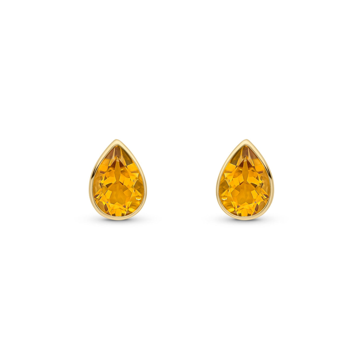 9ct Yellow Gold Pear Shaped Natural Citrine Rubover Stud Earrings — 7x5mm