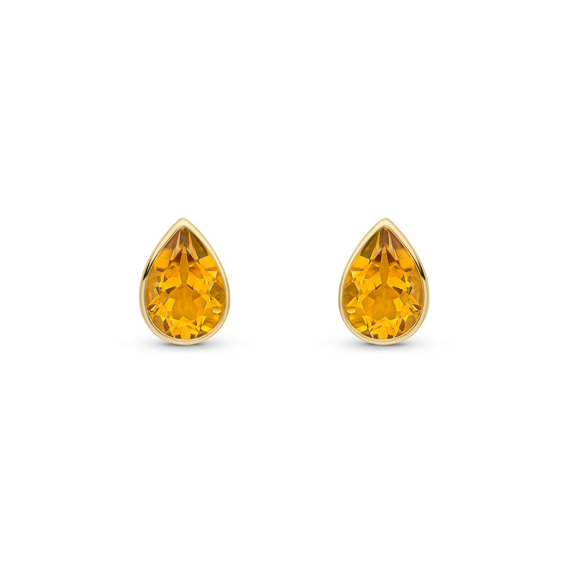 9ct Yellow Gold Pear Shaped Natural Citrine Rubover Stud Earrings — 7x5mm