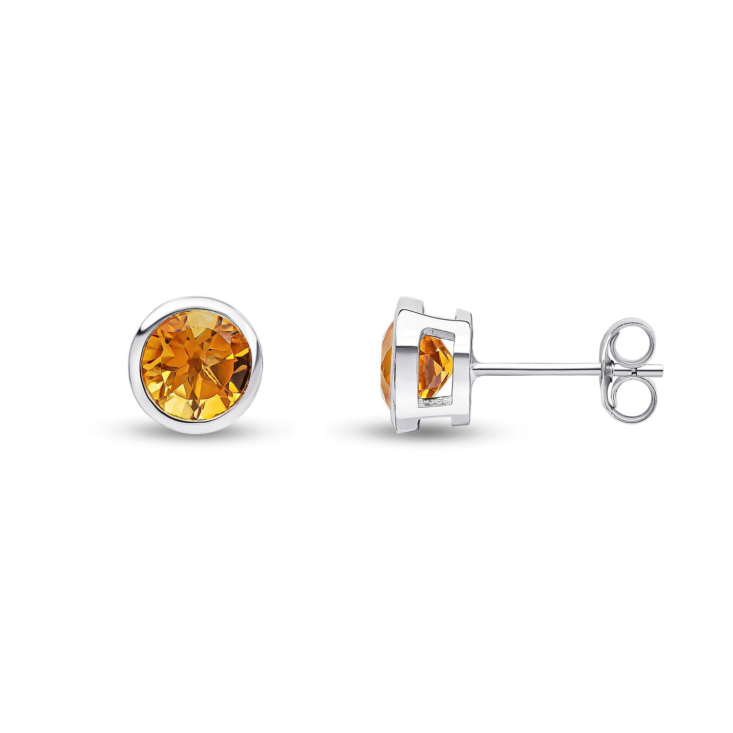 9ct White Gold Round Natural Citrine Rubover Stud Earrings — 6mm