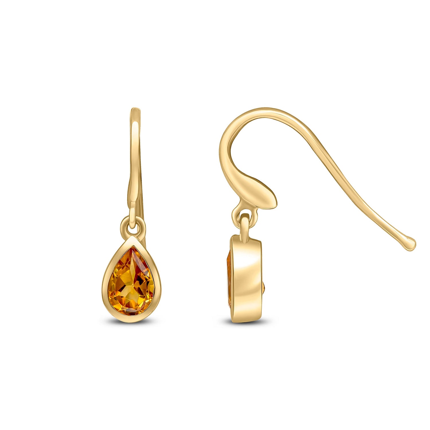 9ct Yellow Gold Pear Shaped Natural Citrine Rubover Wire Hook Drop Earrings — 6x4mm