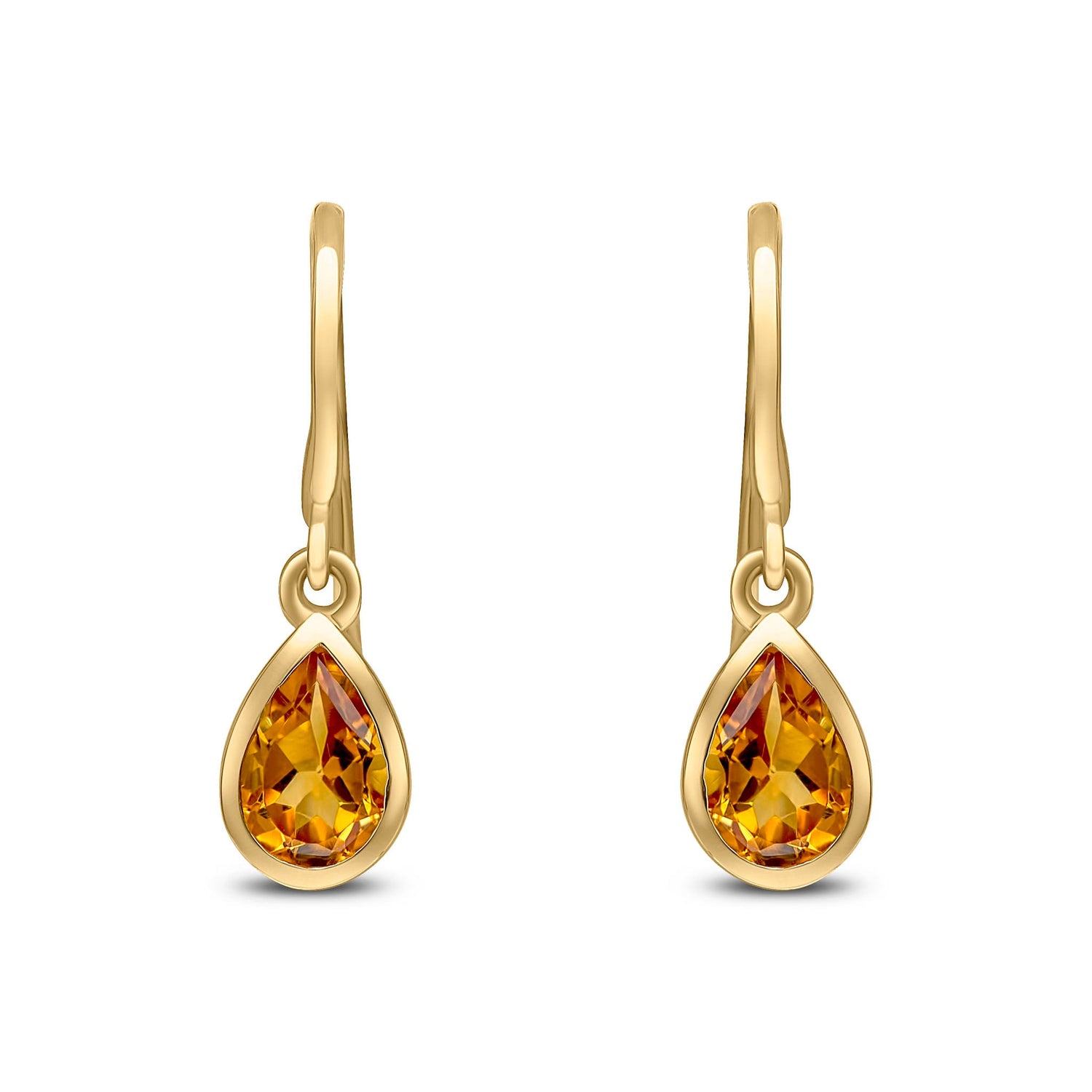 9ct Yellow Gold Pear Shaped Natural Citrine Rubover Wire Hook Drop Earrings — 6x4mm