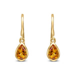 9ct Yellow Gold Pear Shaped Natural Citrine Rubover Wire Hook Drop Earrings — 6x4mm