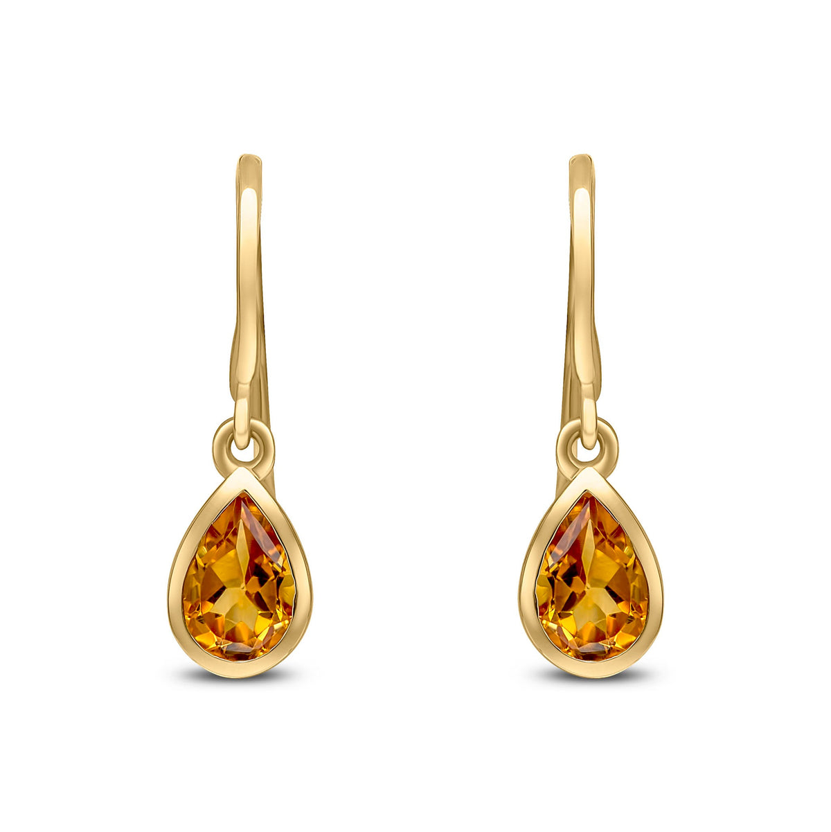 9ct Yellow Gold Pear Shaped Natural Citrine Rubover Wire Hook Drop Earrings — 6x4mm
