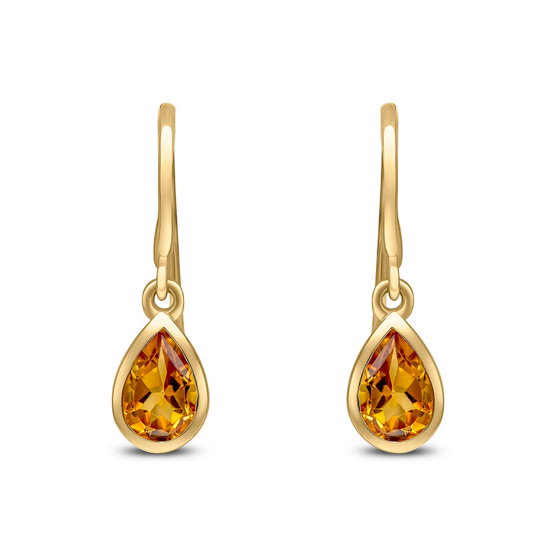 9ct Yellow Gold Pear Shaped Natural Citrine Rubover Wire Hook Drop Earrings — 6x4mm
