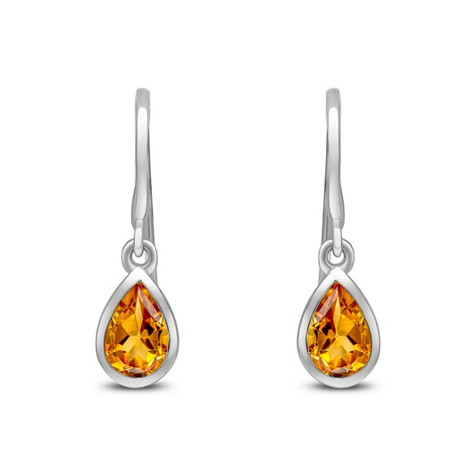 9ct White Gold Pear Shaped Natural Citrine Rubover Wire Hook Drop Earrings 6x4mm