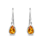 9ct White Gold Pear Shaped Natural Citrine Rubover Wire Hook Drop Earrings — 6x4mm