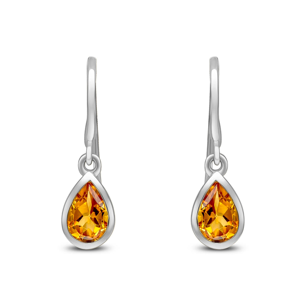9ct White Gold Pear Shaped Natural Citrine Rubover Wire Hook Drop Earrings — 6x4mm