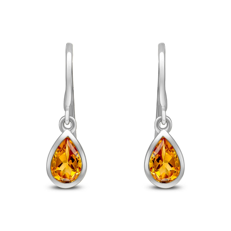 9ct White Gold Pear Shaped Natural Citrine Rubover Wire Hook Drop Earrings — 6x4mm