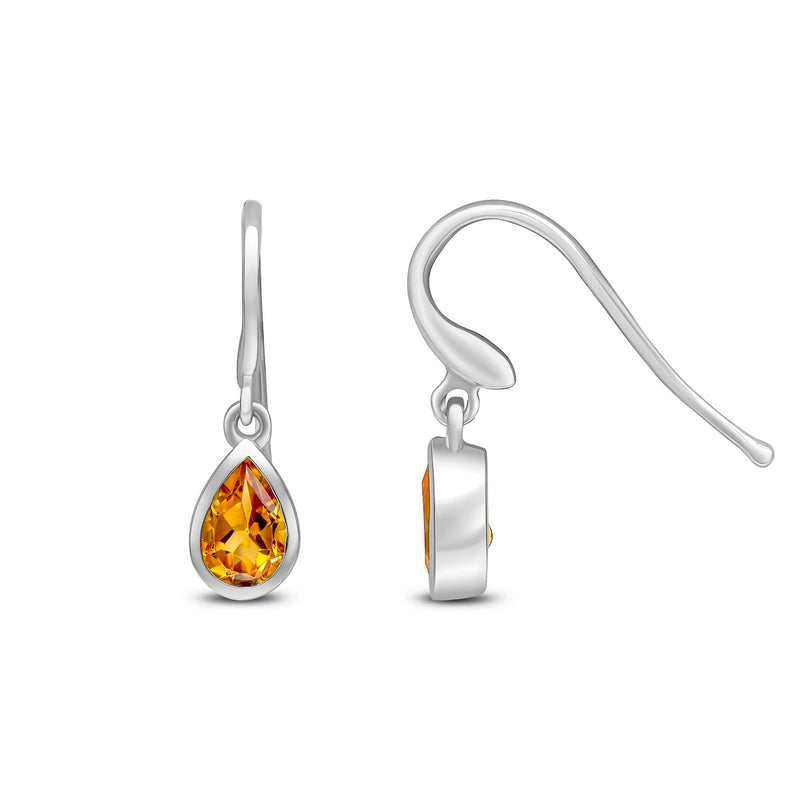 9ct White Gold Pear Shaped Natural Citrine Rubover Wire Hook Drop Earrings — 6x4mm