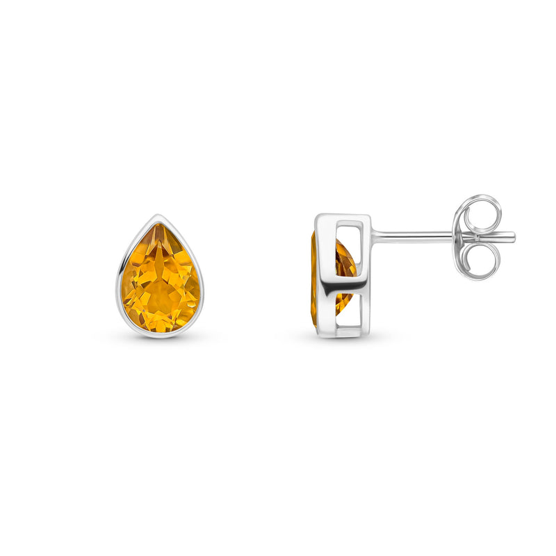 9ct White Gold Pear Shaped Natural Citrine Rubover Stud Earrings — 7x5mm