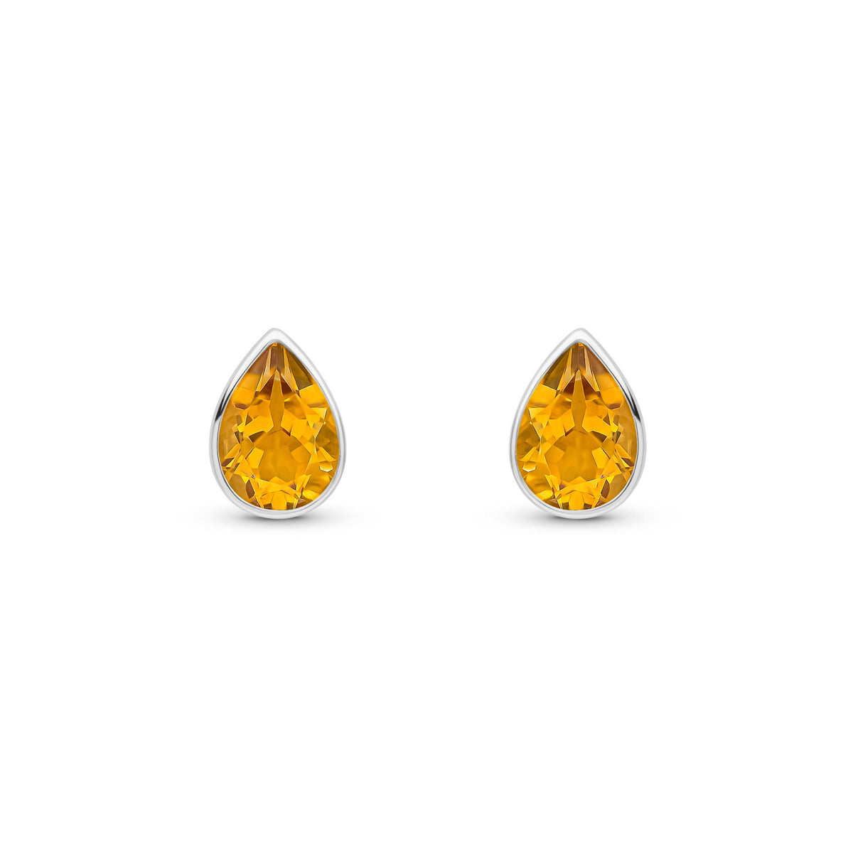 9ct White Gold Pear Shaped Natural Citrine Rubover Stud Earrings — 7x5mm
