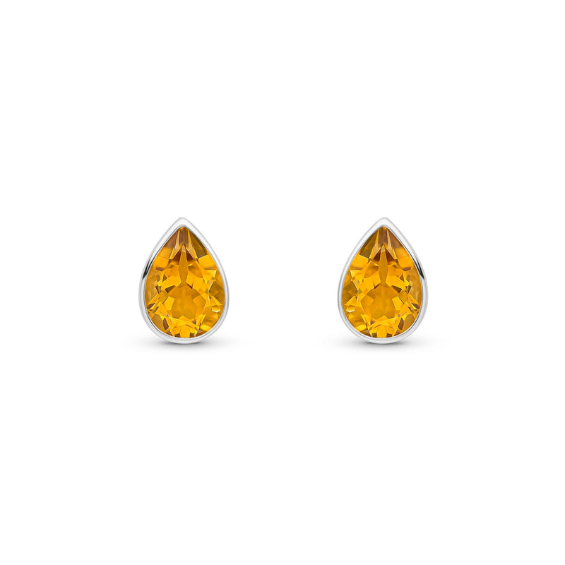 9ct White Gold Pear Shaped Natural Citrine Rubover Stud Earrings — 7x5mm