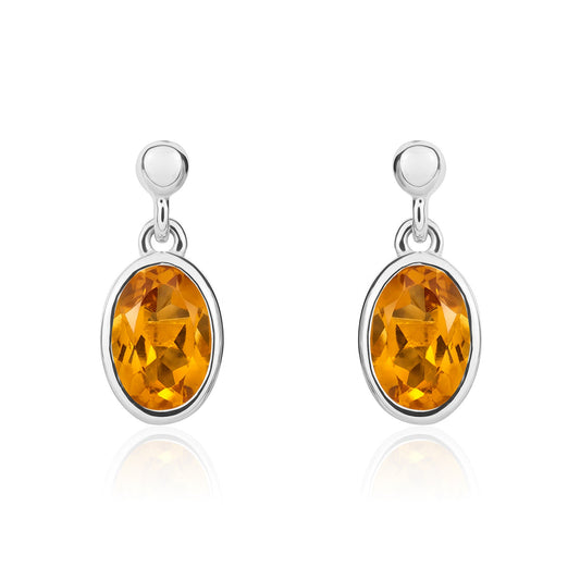 9ct White Gold Oval Natural Citrine Rubover Set Drop Earrings with Bead Top – 6x4mm