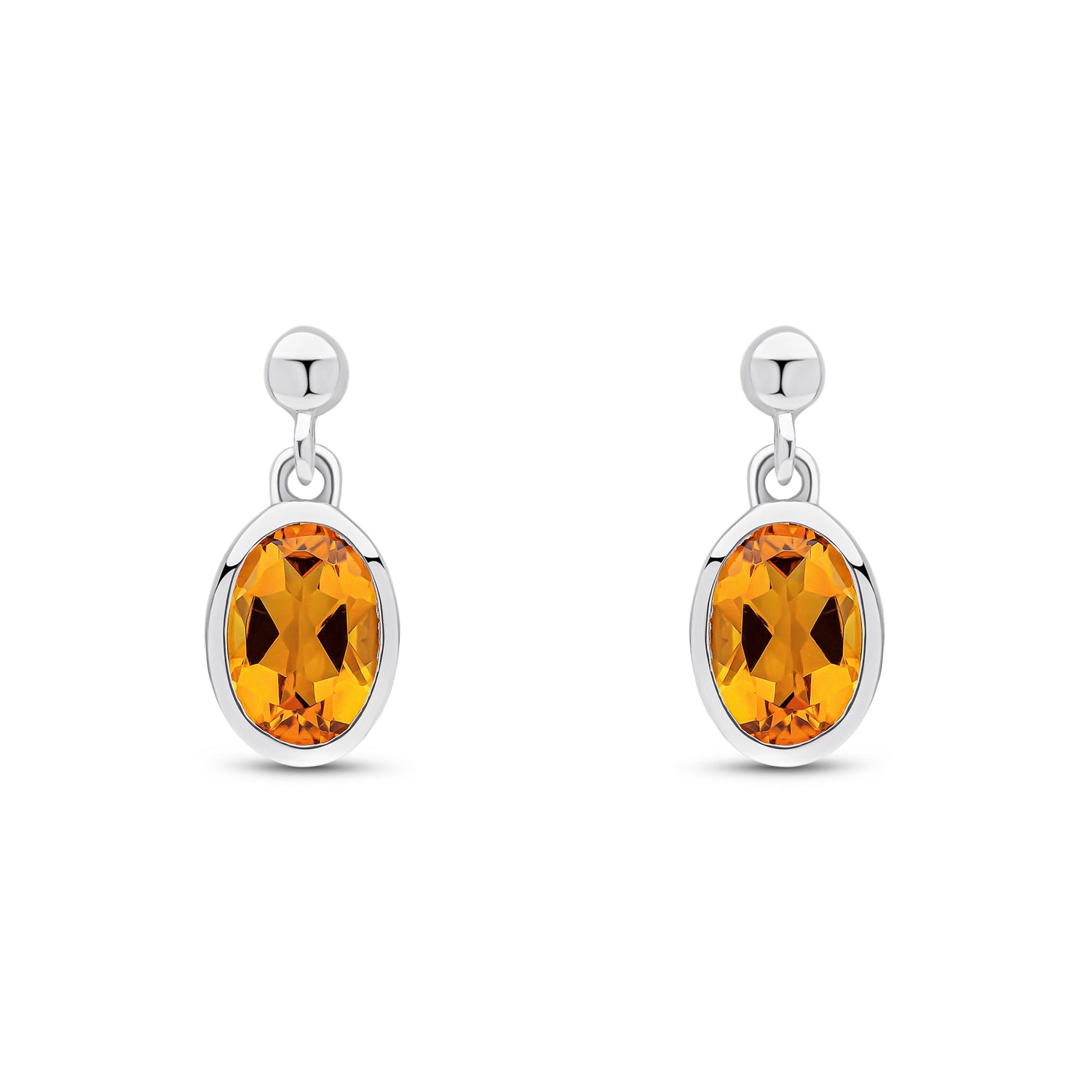 9ct White Gold Oval Natural Citrine Drop Earrings with Bead Top — 7x5mm