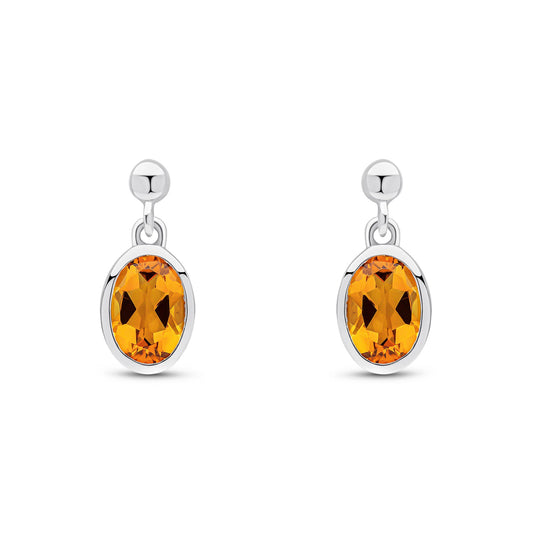 9ct White Gold Oval Natural Citrine Drop Earrings with Bead Top — 7x5mm