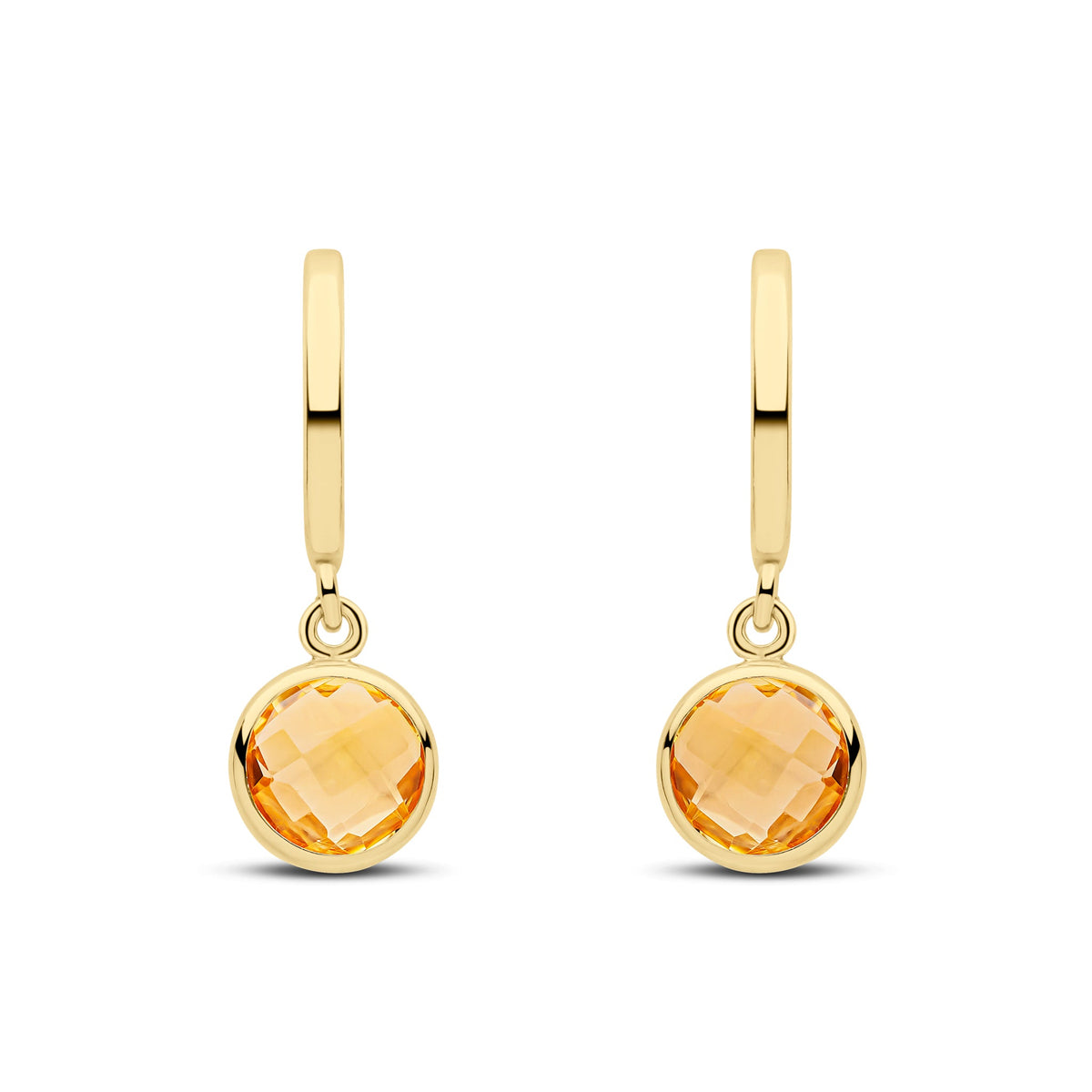 9ct Yellow Gold Curved Bar Checkerboard Cut Round Natural Citrine Spec Set Drop Earrings — 5.5mm