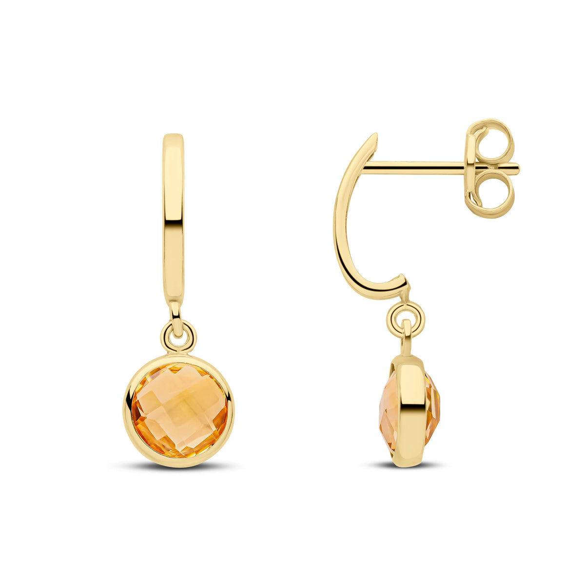9ct Yellow Gold Curved Bar Checkerboard Cut Round Natural Citrine Spec Set Drop Earrings — 5.5mm