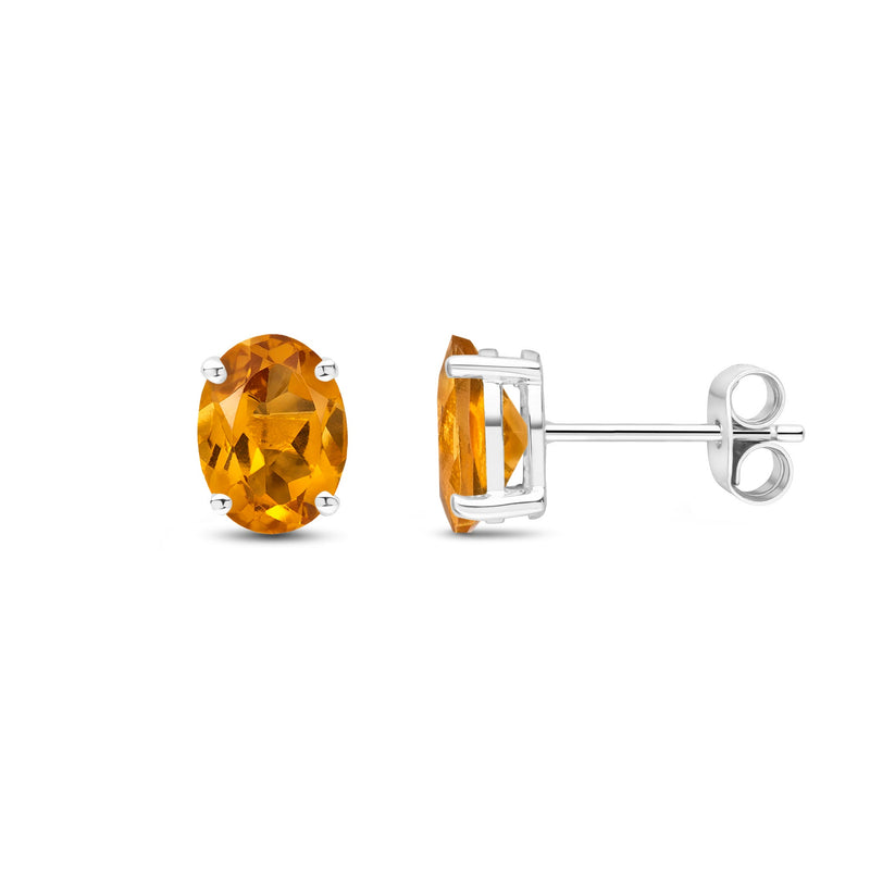 9ct White Gold Oval Natural Citrine Claw Stud Earrings — 8x6mm