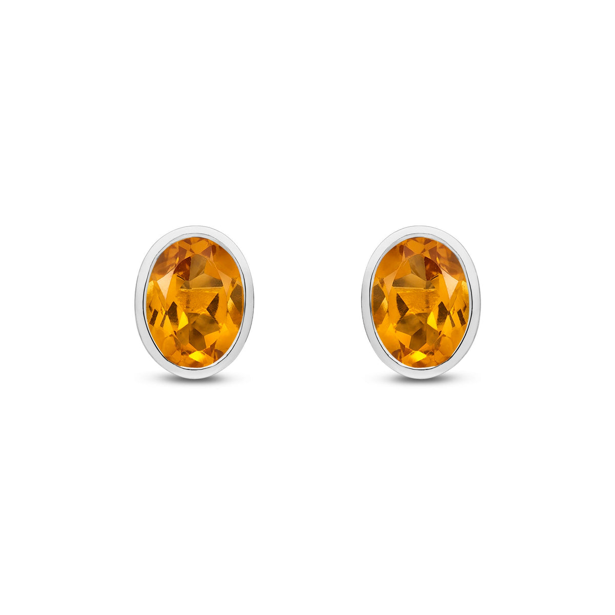 9ct White Gold Oval Natural Citrine Rubover Stud Earrings — 8x6mm