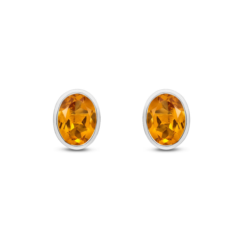 9ct White Gold Oval Natural Citrine Rubover Stud Earrings — 8x6mm