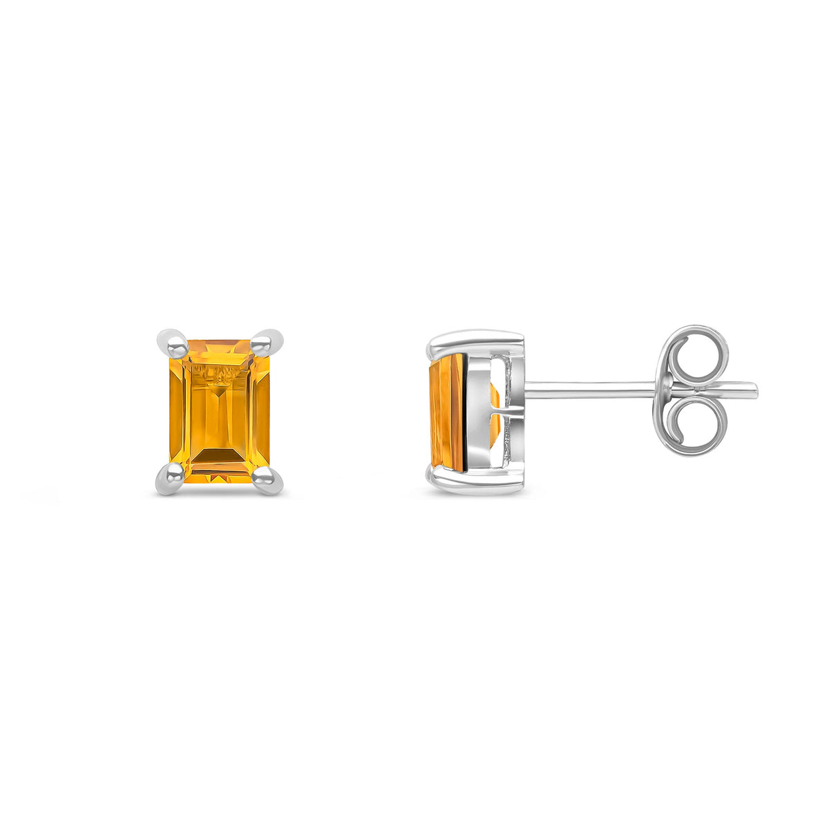 9ct White Gold Octagon Emerald Cut Natural Citrine Claw Stud Earrings — 6x4mm