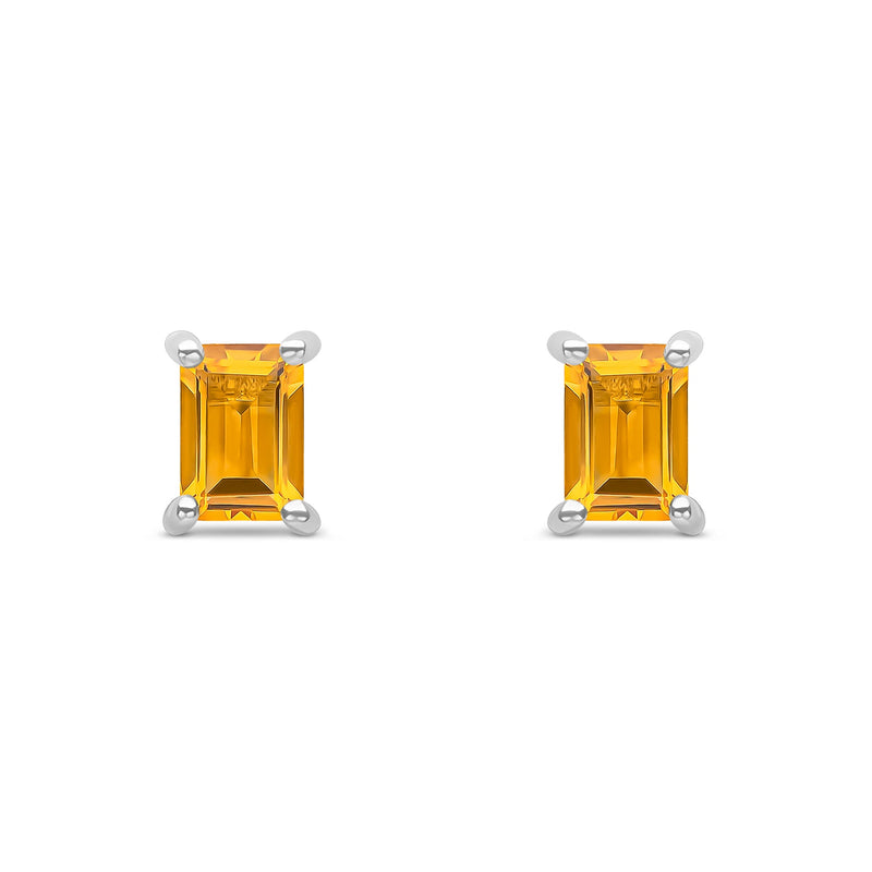 9ct White Gold Octagon Emerald Cut Natural Citrine Claw Stud Earrings — 6x4mm