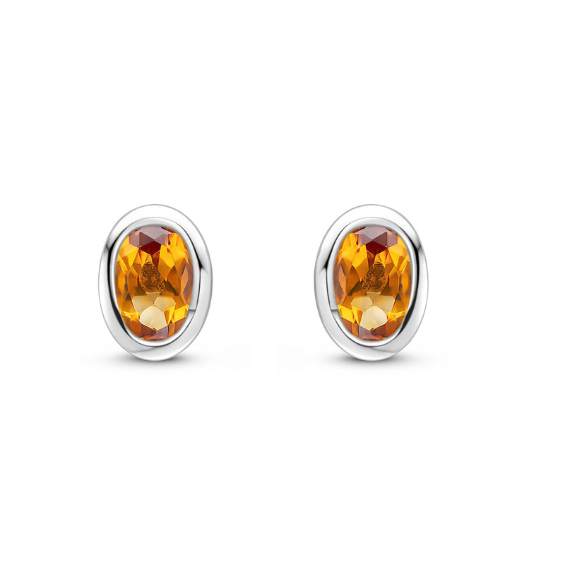 9ct White Gold Oval Natural Citrine Rubover Stud Earrings — 4x3mm