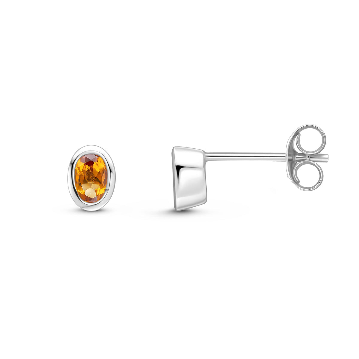 9ct White Gold Oval Natural Citrine Rubover Stud Earrings — 4x3mm