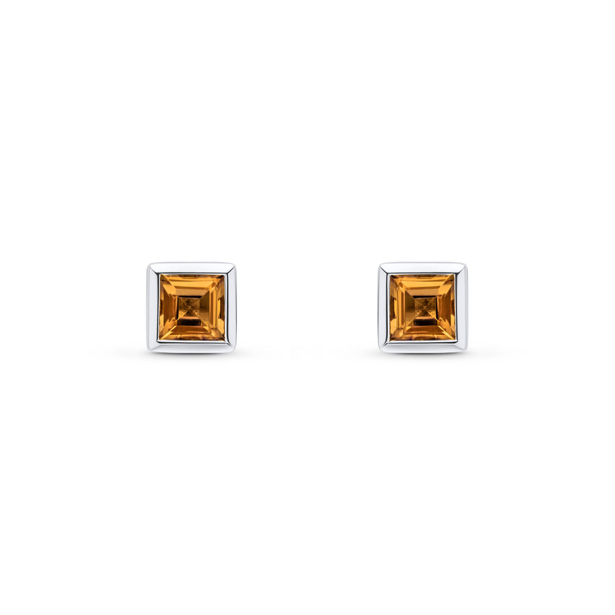 9ct White Gold Square Natural Citrine Rubover Stud Earrings — 4mm