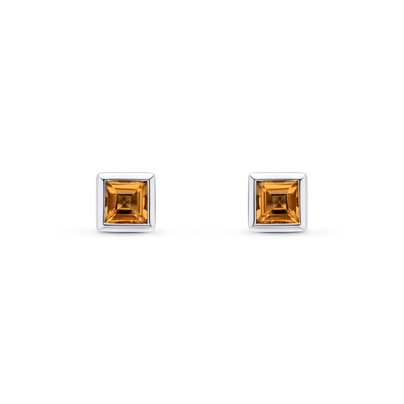 9ct White Gold Square Natural Citrine Rubover Stud Earrings — 4mm