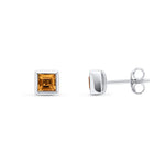 9ct White Gold Square Natural Citrine Rubover Stud Earrings — 4mm