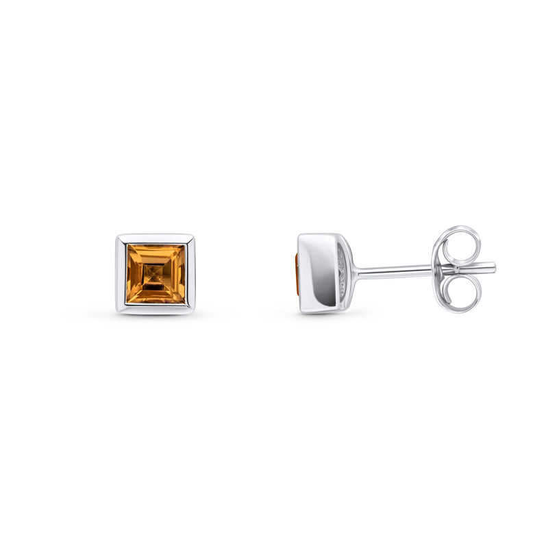 9ct White Gold Square Natural Citrine Rubover Stud Earrings — 4mm