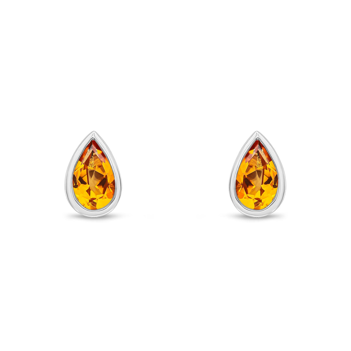 9ct White Gold Pear Shaped Natural Citrine Rubover Stud Earrings — 5x3mm