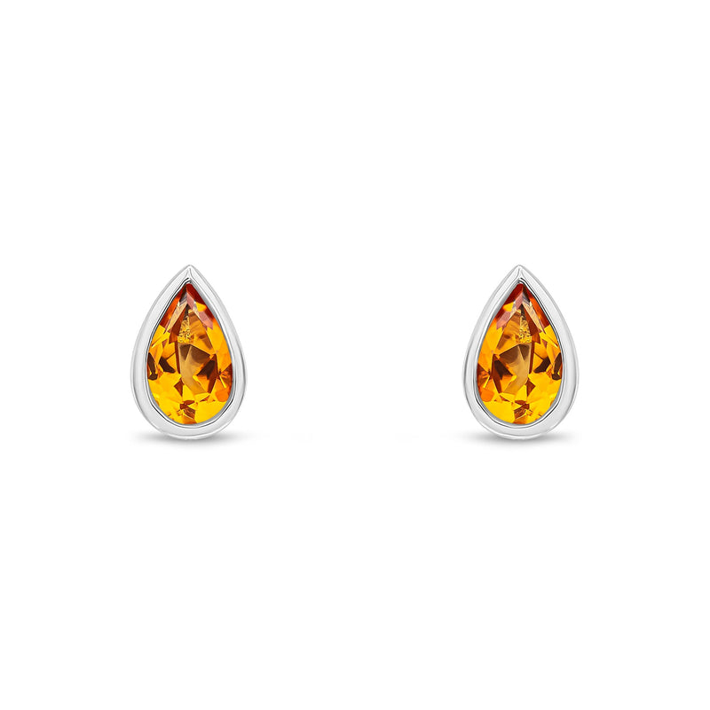9ct White Gold Pear Shaped Natural Citrine Rubover Stud Earrings — 5x3mm