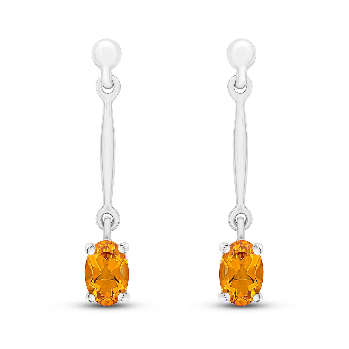 9ct White Gold Oval Natural Citrine Claw Bar Drop Earrings — 6x4mm