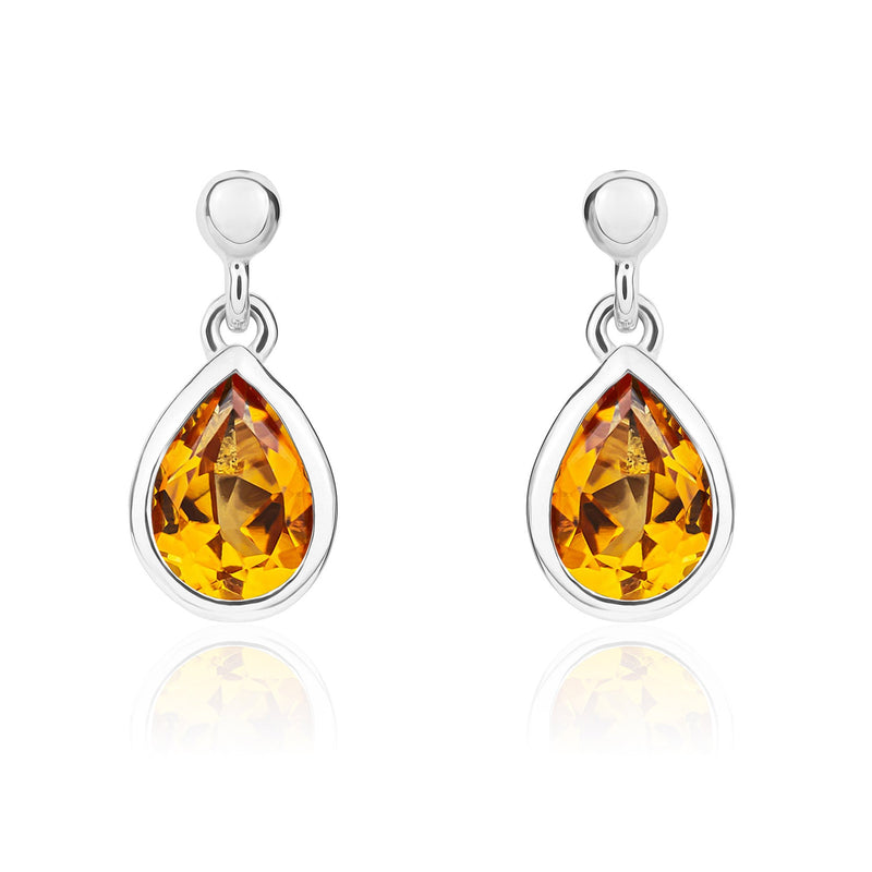 9ct White Gold Pear Shaped Natural Citrine Rubover Drop Earrings with 2.5mm Bead Top — 6x4mm
