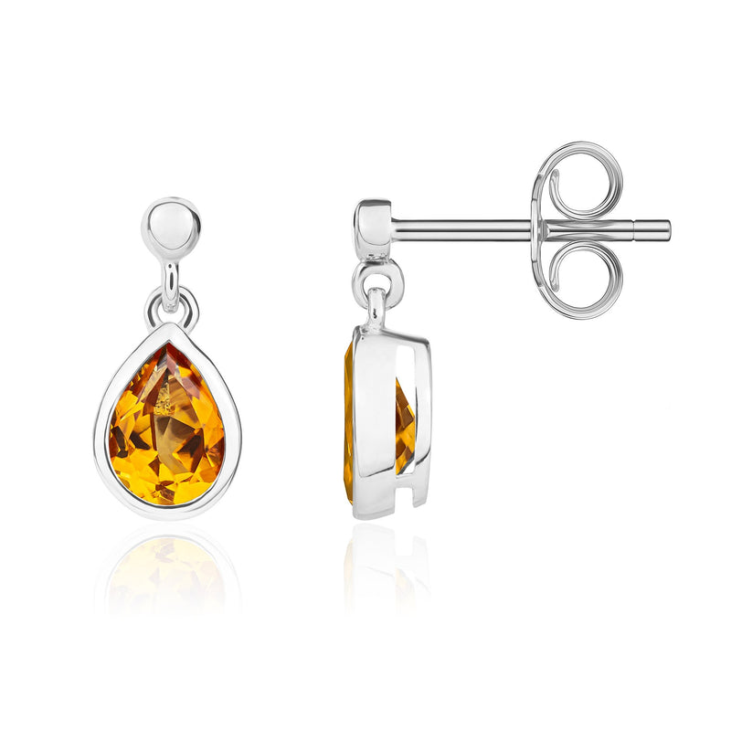 9ct White Gold Pear Shaped Natural Citrine Rubover Drop Earrings with 2.5mm Bead Top — 6x4mm