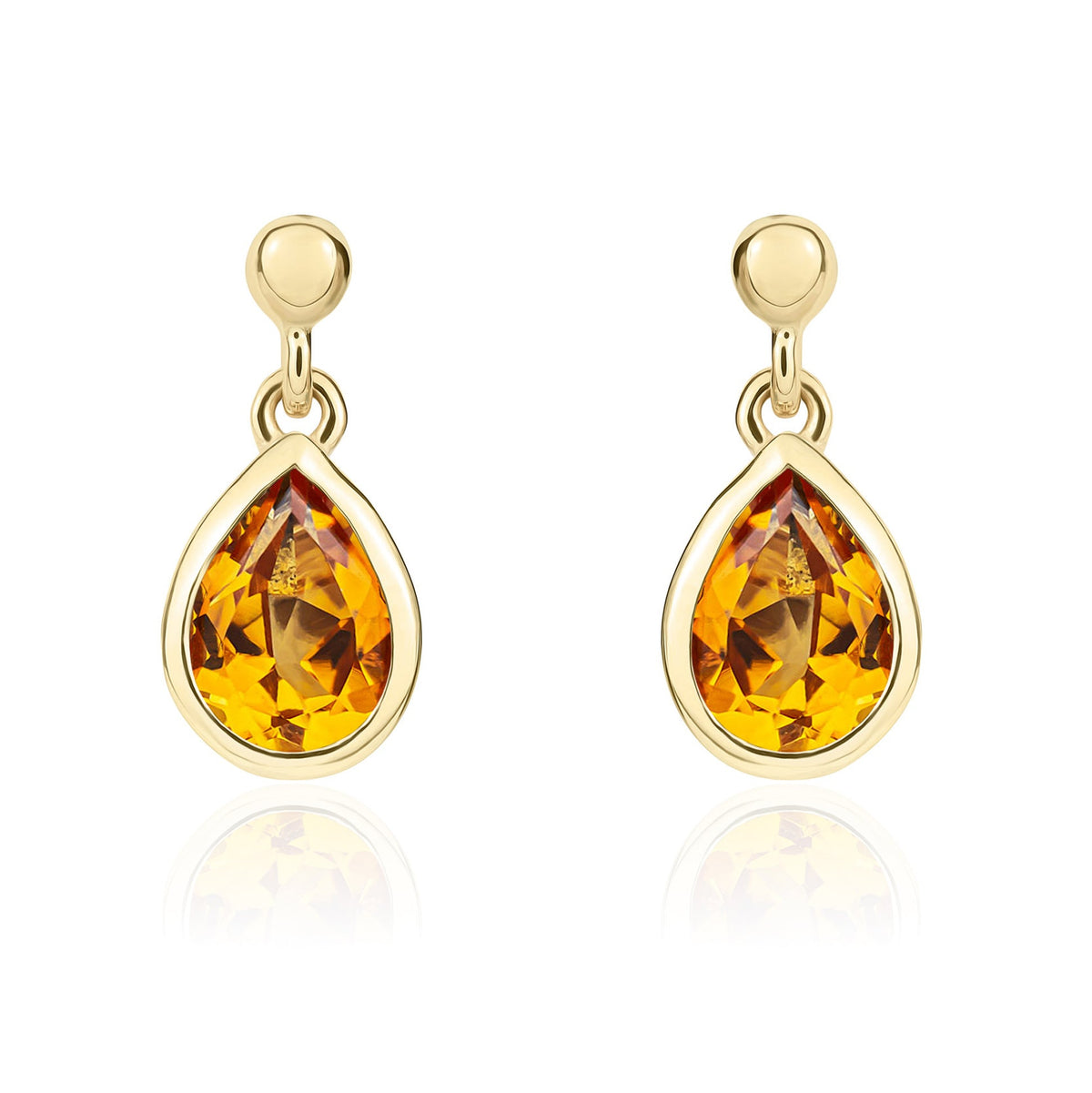 9ct Yellow Gold Pear Shaped Natural Citrine Rubover Drop Earrings with 2.5mm Bead Top — 6x4mm