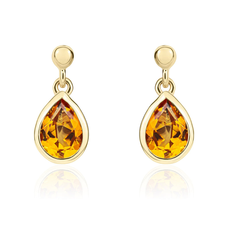 9ct Yellow Gold Pear Shaped Natural Citrine Rubover Drop Earrings with 2.5mm Bead Top — 6x4mm