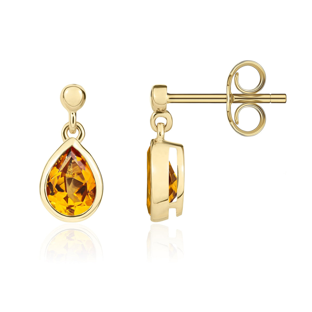 9ct Yellow Gold Pear Shaped Natural Citrine Rubover Drop Earrings with 2.5mm Bead Top — 6x4mm
